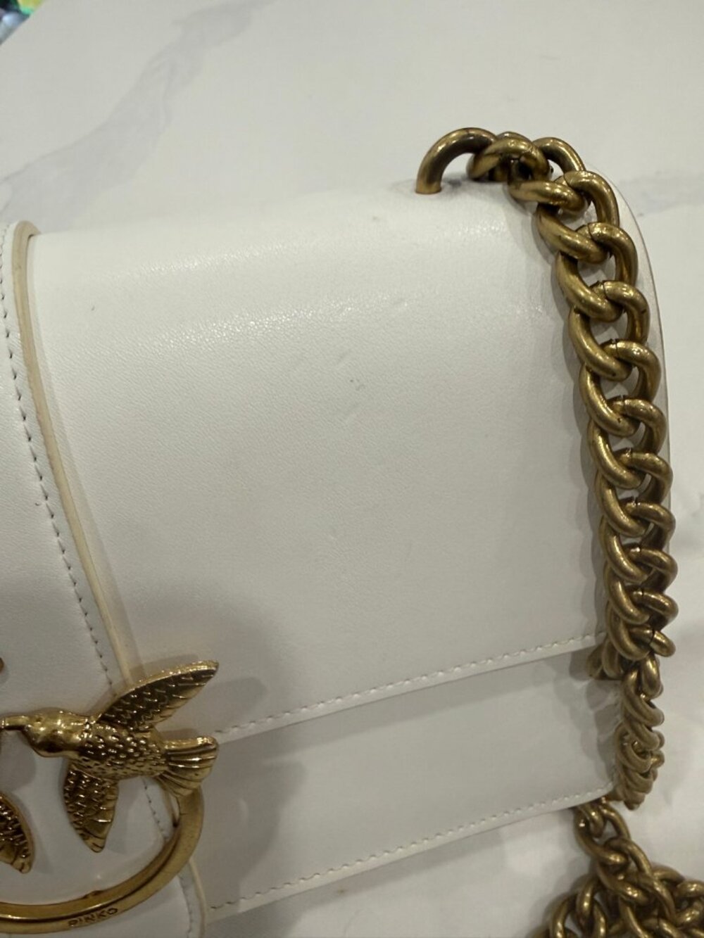 PINKO Love One Classic White Leather Shoulder Bag, Antique Gold Bird Clasp - Picture 6 of 8
